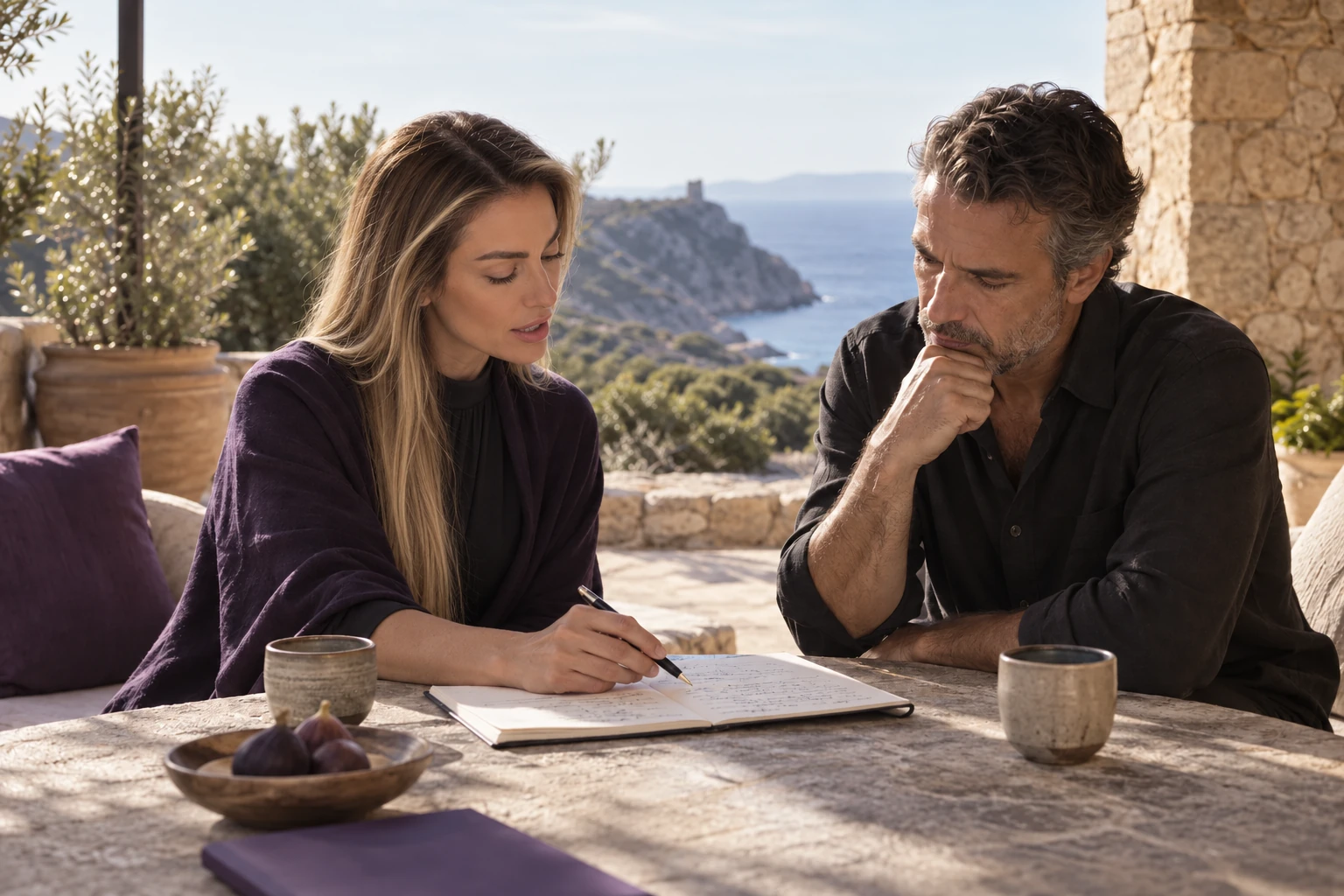 Illustrative scene: Petya and an executive reviewing a written reflection together