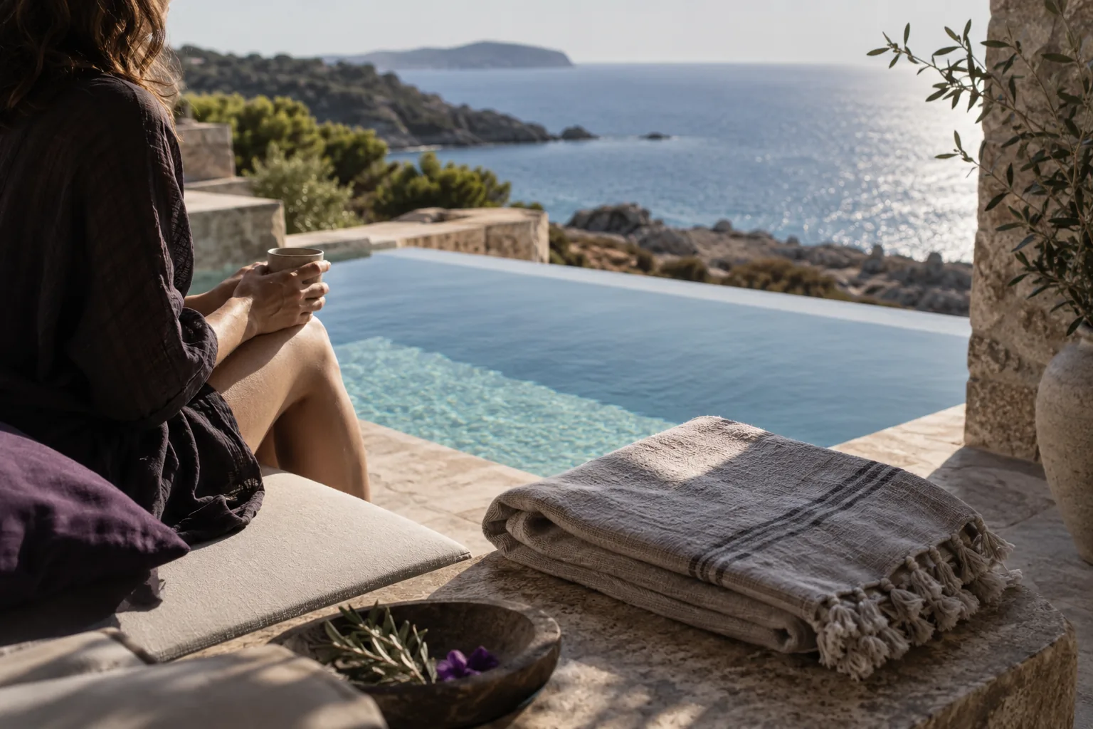 A folded linen towel beside a private spa pool, ocean visible beyond