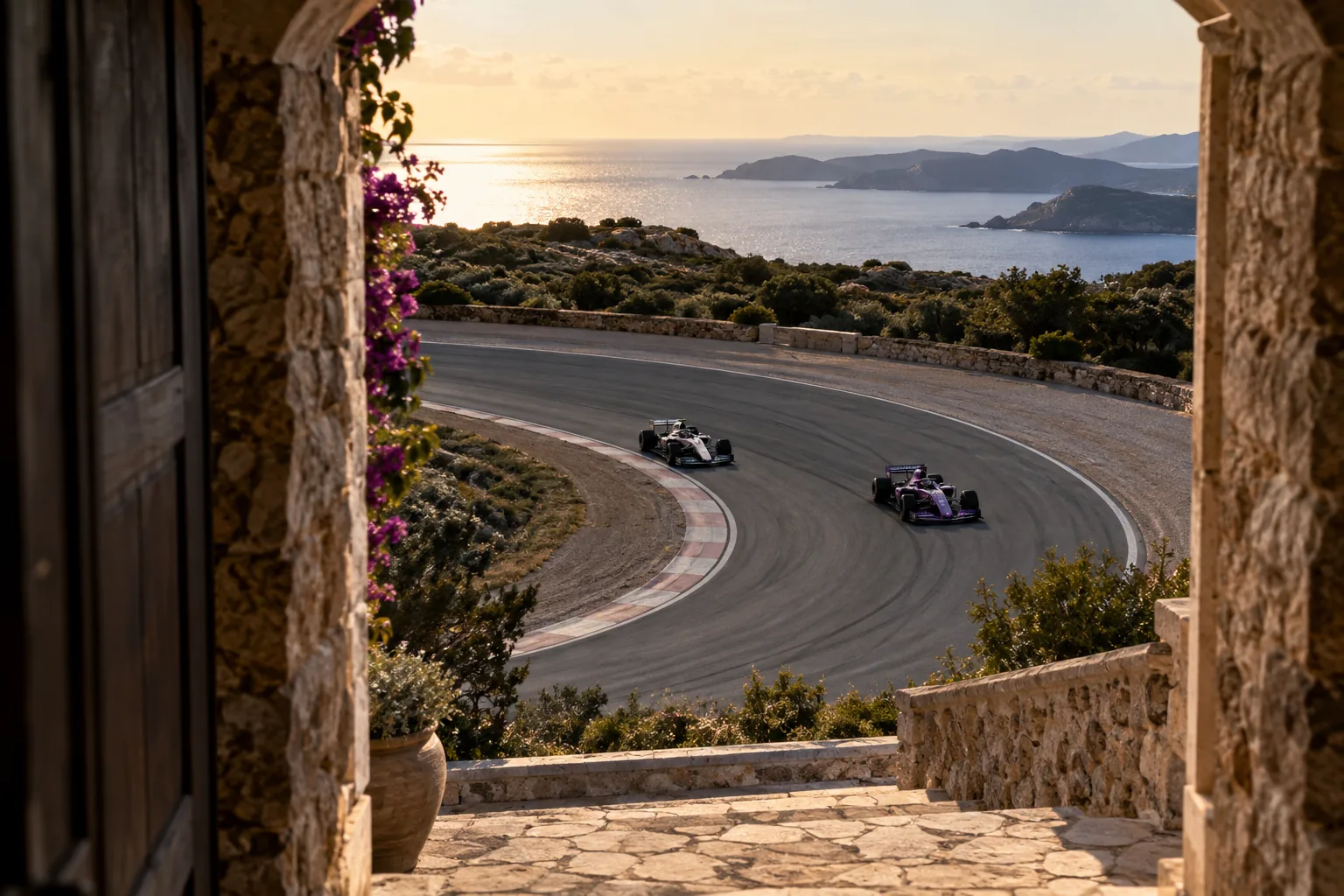 An overhead view of two unbranded open-wheel cars choosing different lines through a corner