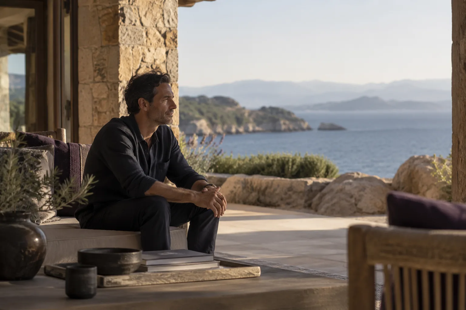 A founder aged 42 looking across the coast after a considered conversation, fully clothed, eyes open