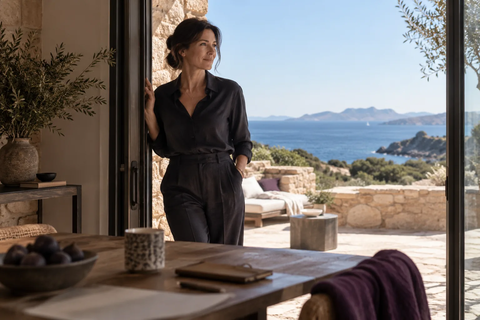 A woman CEO aged 46 pausing at the threshold of a private residence overlooking the sea