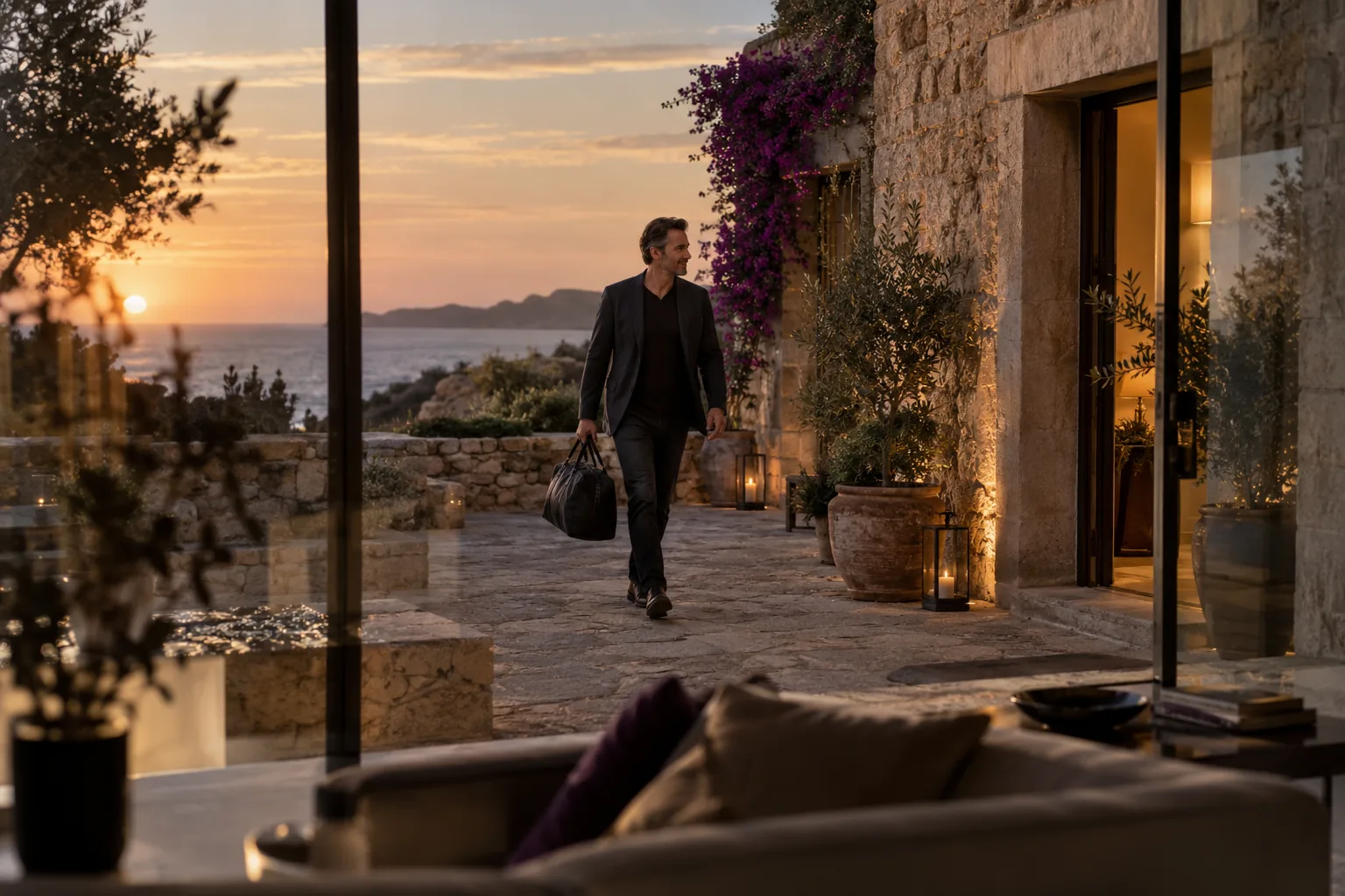 An arriving guest aged 43 crossing a stone courtyard towards an open door at dusk