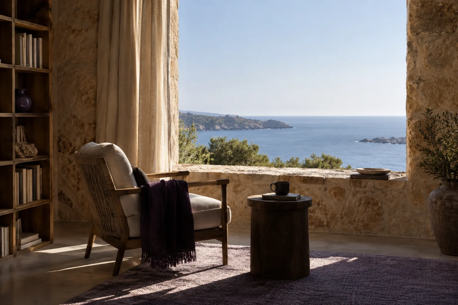 An empty quiet reading room at a residence, one chair and a view of the sea