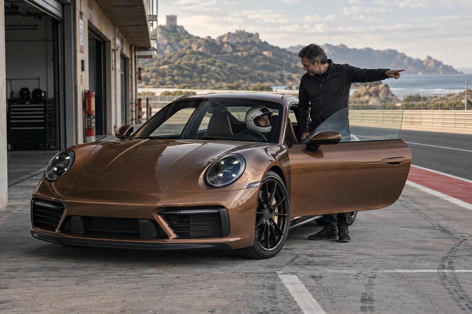 Illustrative scene: an instructor briefs an executive in a copper Porsche 911 before a circuit session