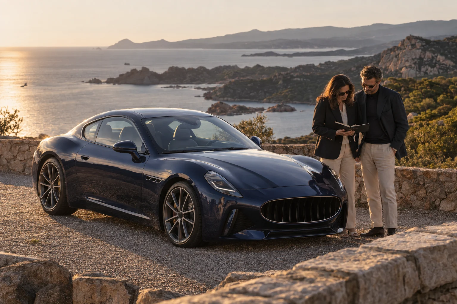 Illustrative scene: two executives pause beside a sapphire Maserati GranTurismo at a coastal viewpoint