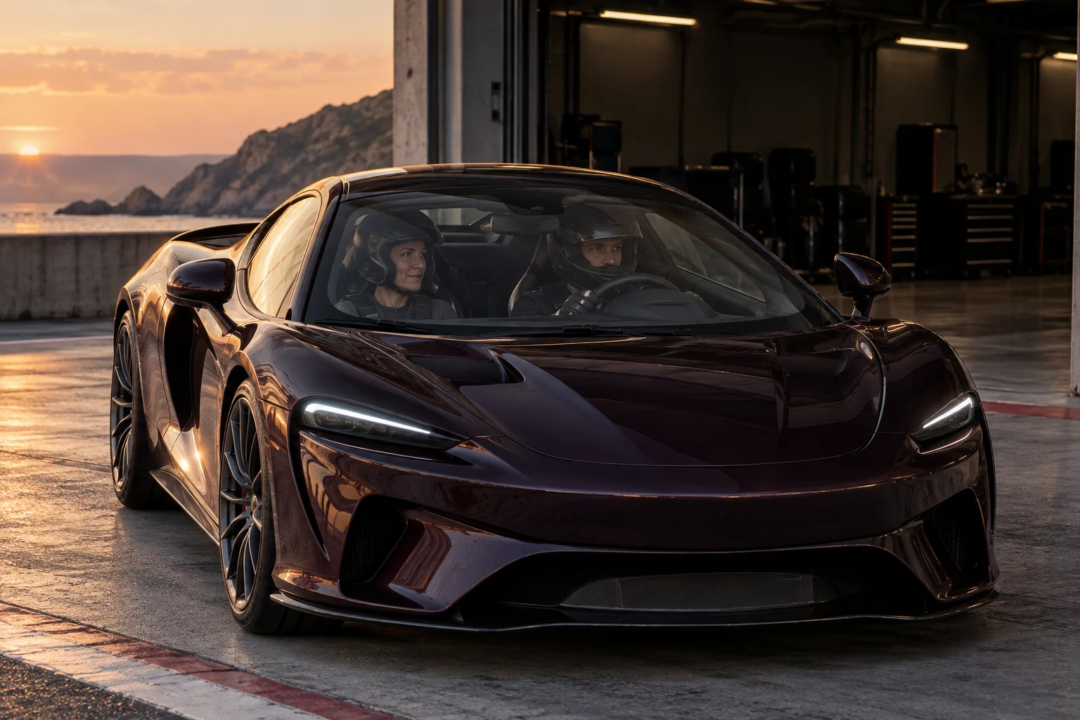 Illustrative scene: a professional driver and an executive passenger prepare for a closed-circuit lap in a plum McLaren GTS
