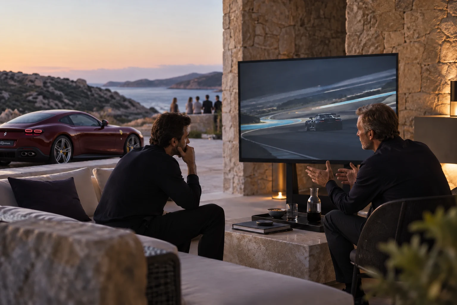 Illustrative scene: two leaders reflecting on race footage, with an oxblood Ferrari Roma on the terrace