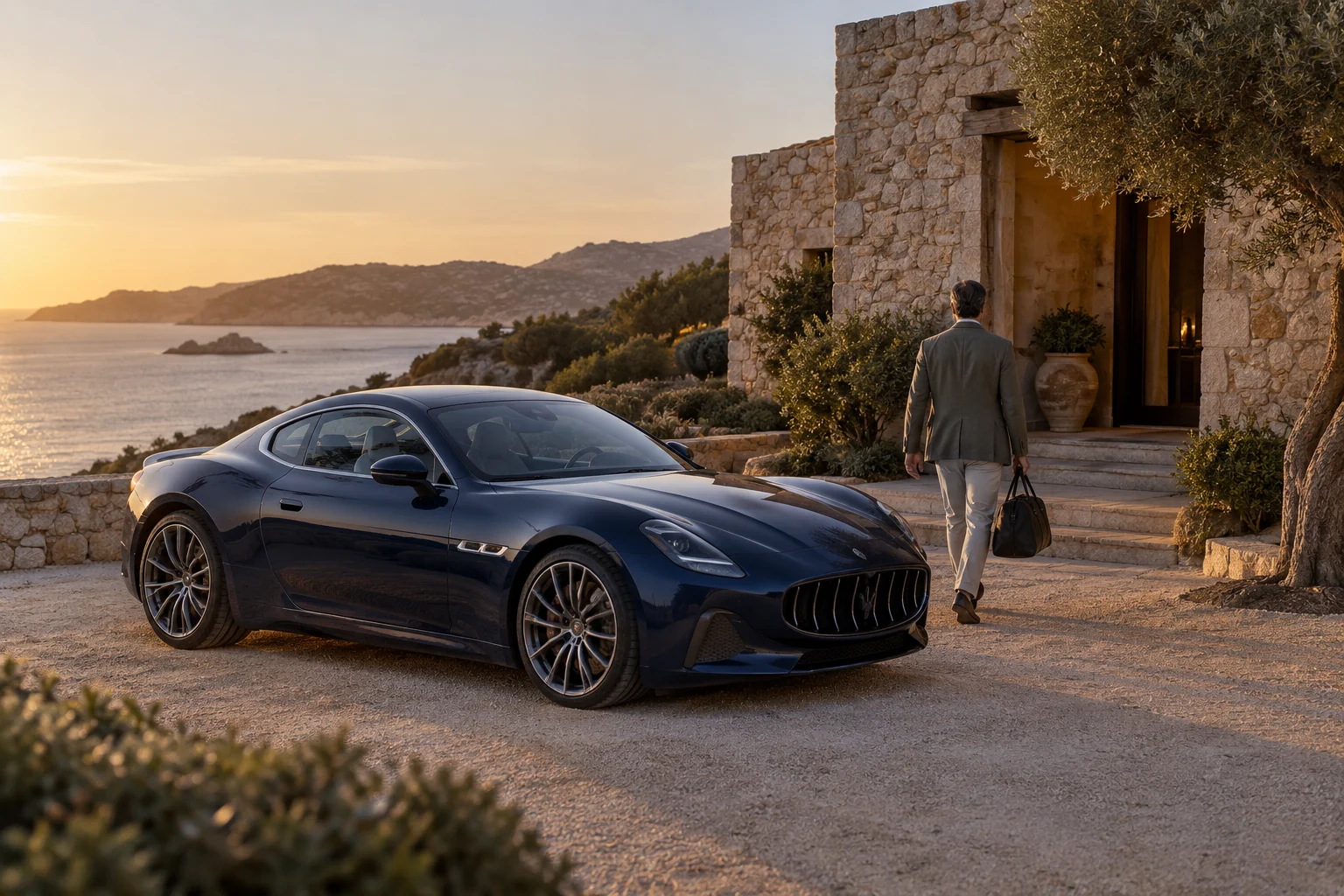 Illustrative scene: a founder arriving at a villa in a midnight-blue Maserati GranTurismo