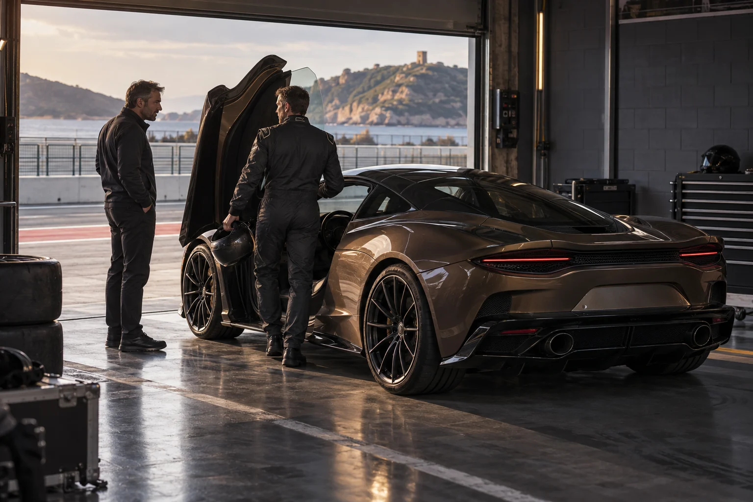 Illustrative scene: a driver and instructor preparing beside a bronze McLaren GTS in a quiet garage