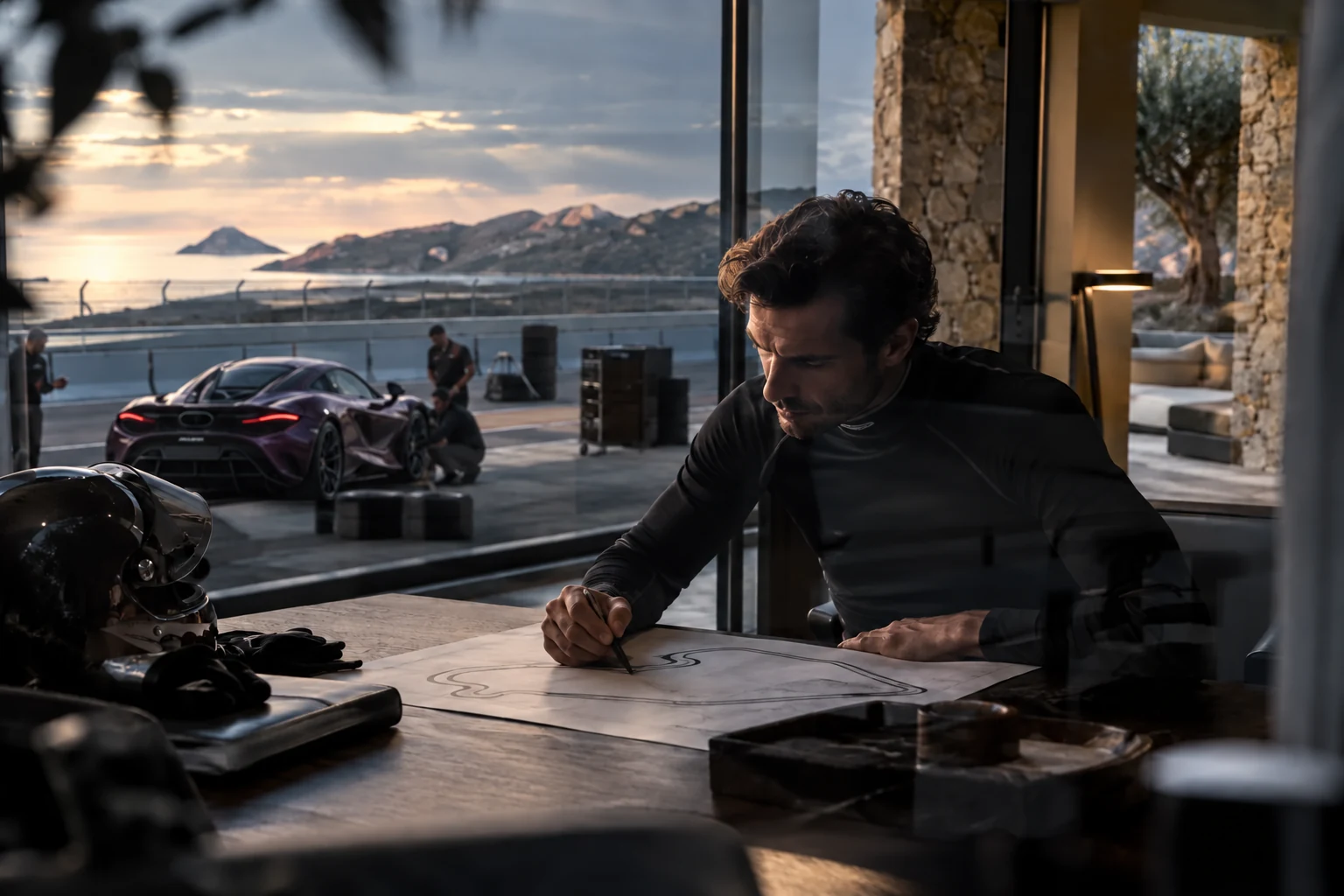 Illustrative scene: a driver rehearsing the circuit line on paper, with a plum McLaren 750S outside the garage
