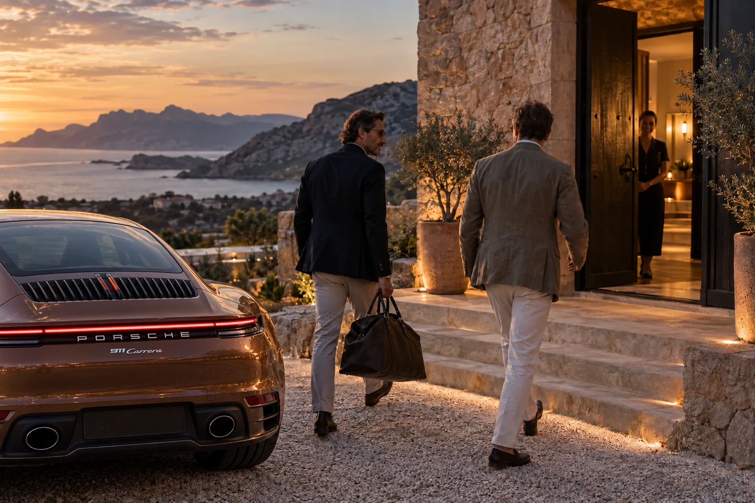 Illustrative scene: two executives arriving with overnight bags beside a copper Porsche 911