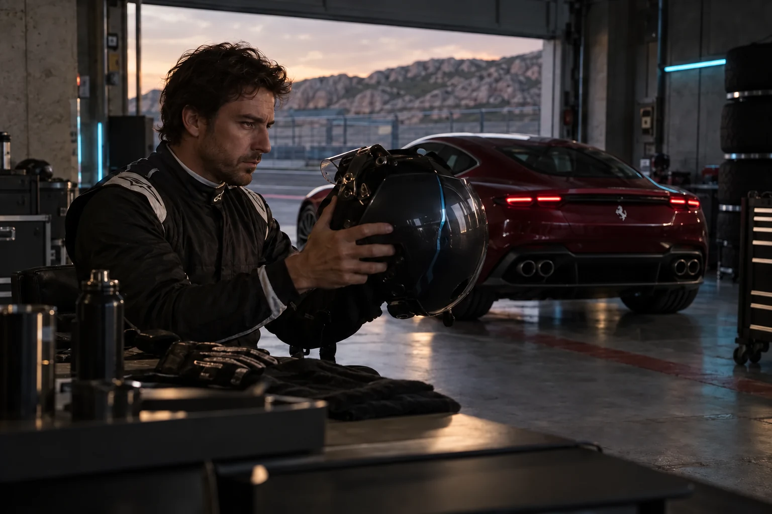 Illustrative scene: a driver preparing a helmet with a burgundy Ferrari Roma behind him
