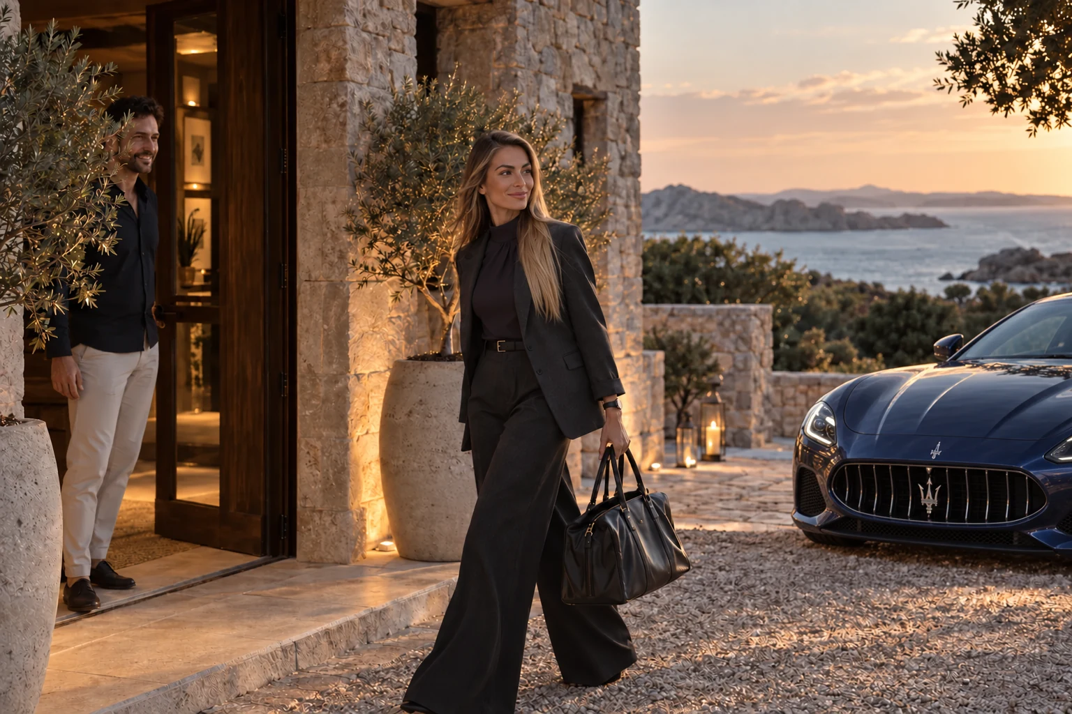 Illustrative scene: Petya leaving a villa with a sapphire Maserati GranTurismo behind her