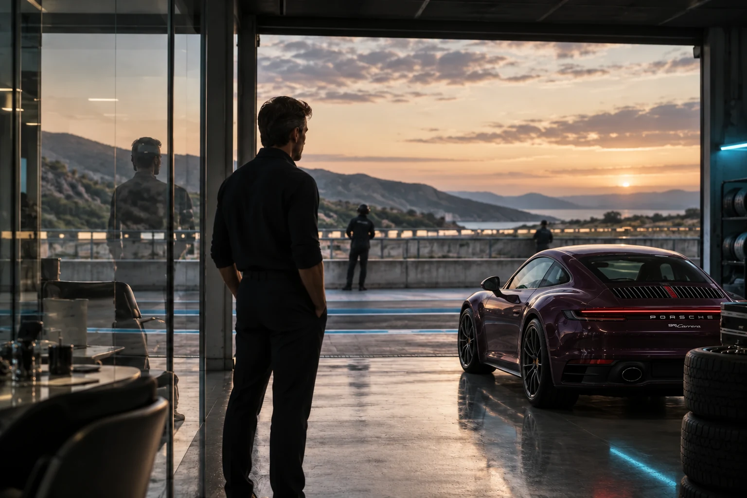 Illustrative scene: a founder observing the circuit from a garage beside an aubergine Porsche 911