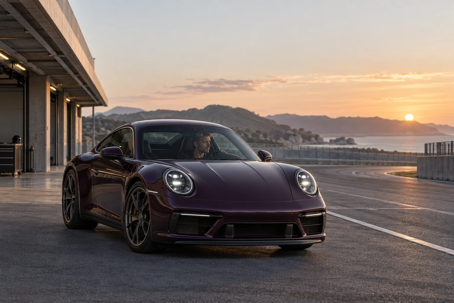 Illustrative scene: an aubergine Porsche 911 preparing to leave a quiet circuit pit lane