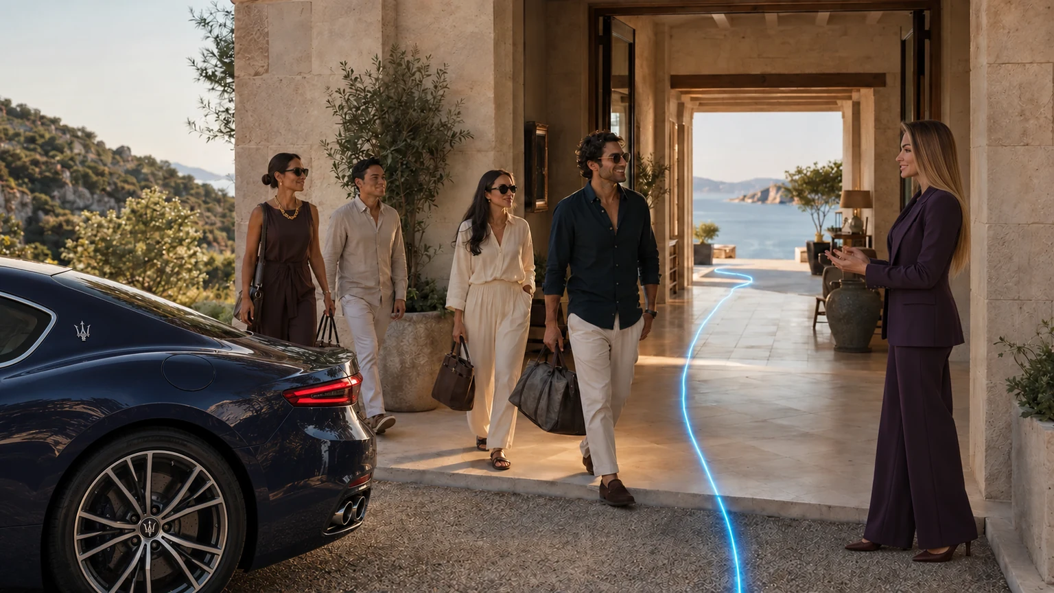 Illustrative scene: Petya welcoming contemporary leaders beside a midnight-blue Maserati GranTurismo