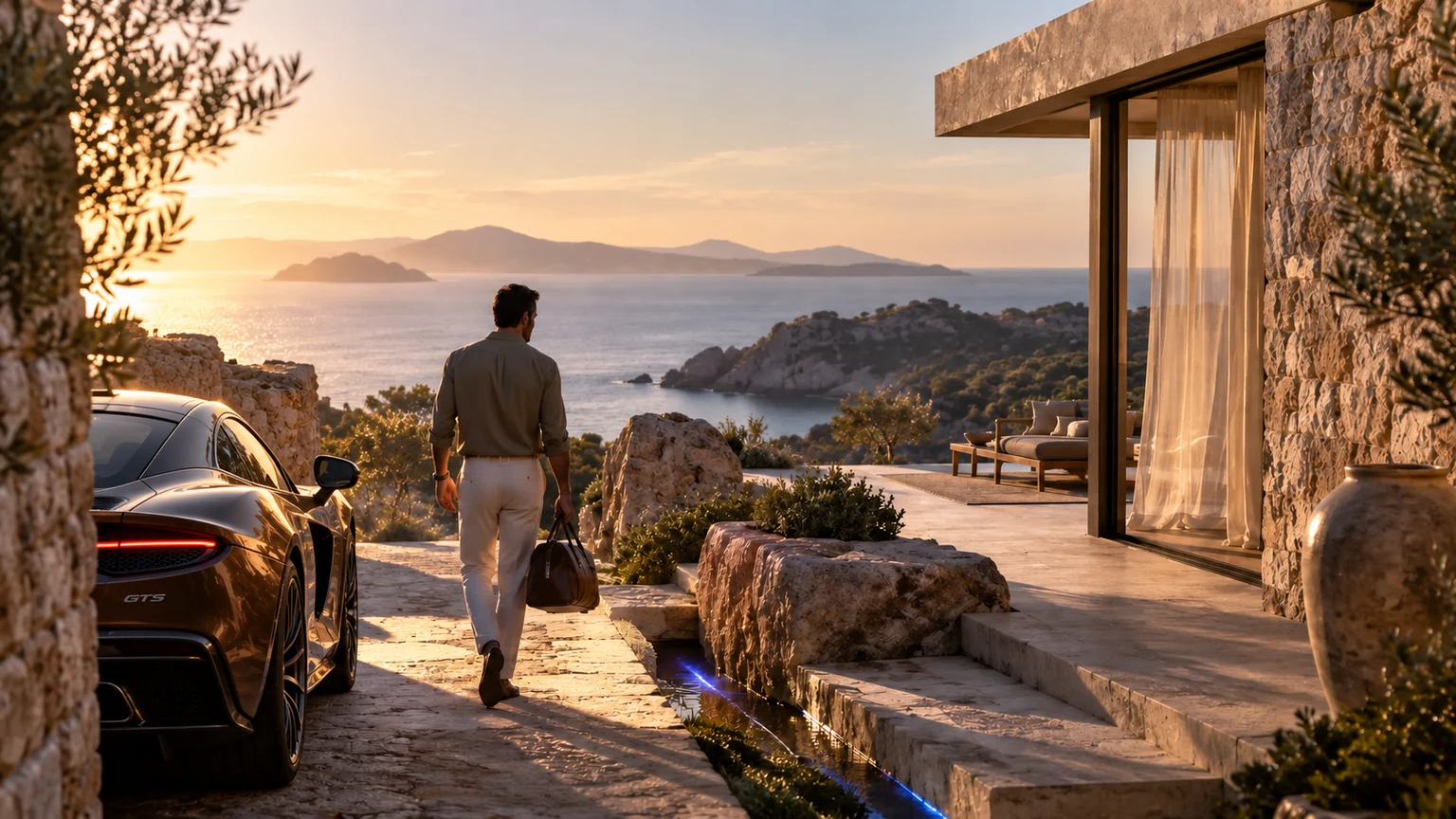 Illustrative scene: an executive arriving at a villa beside a bronze McLaren GTS