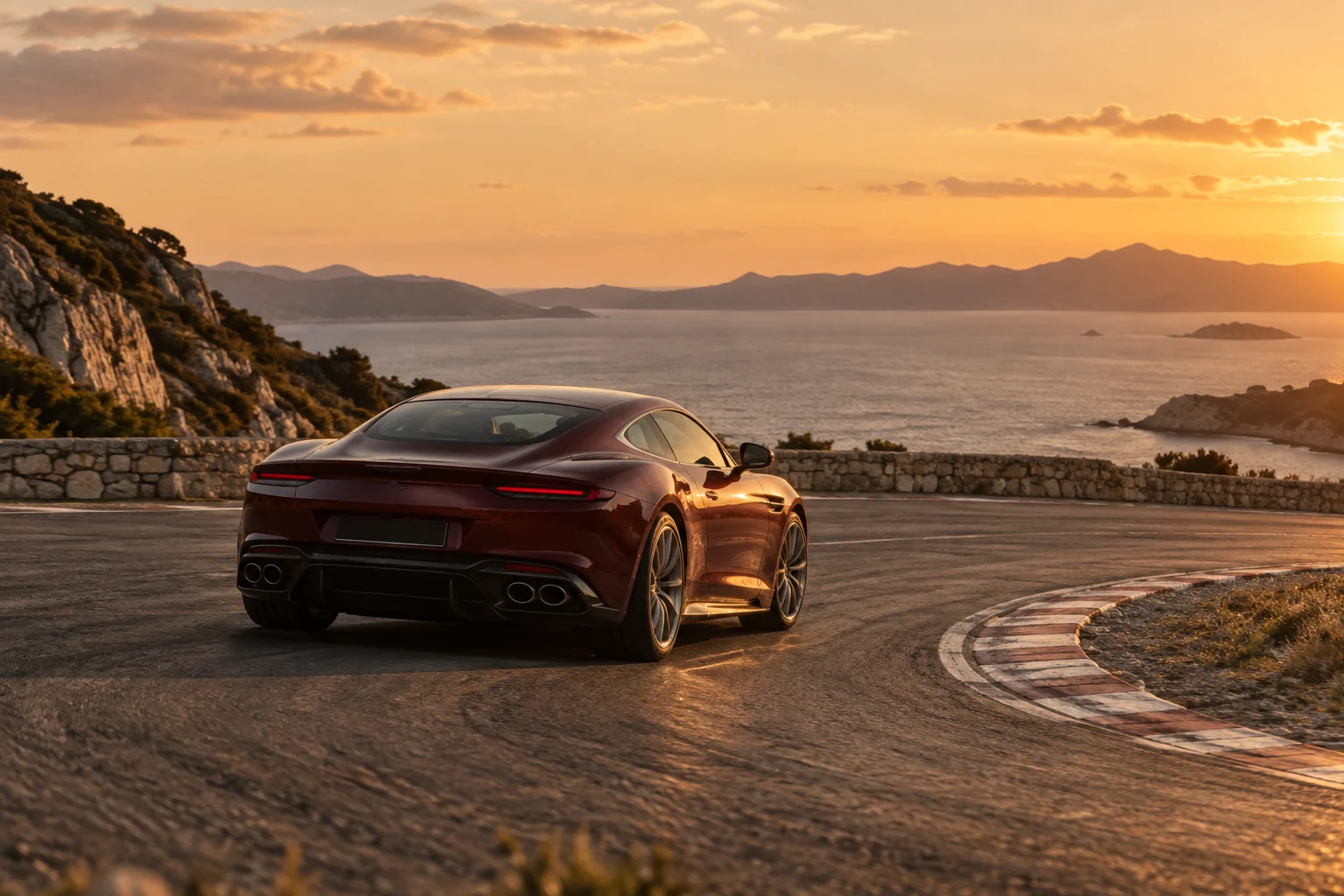 Illustrative scene: an oxblood Ferrari Roma following a Mediterranean circuit bend