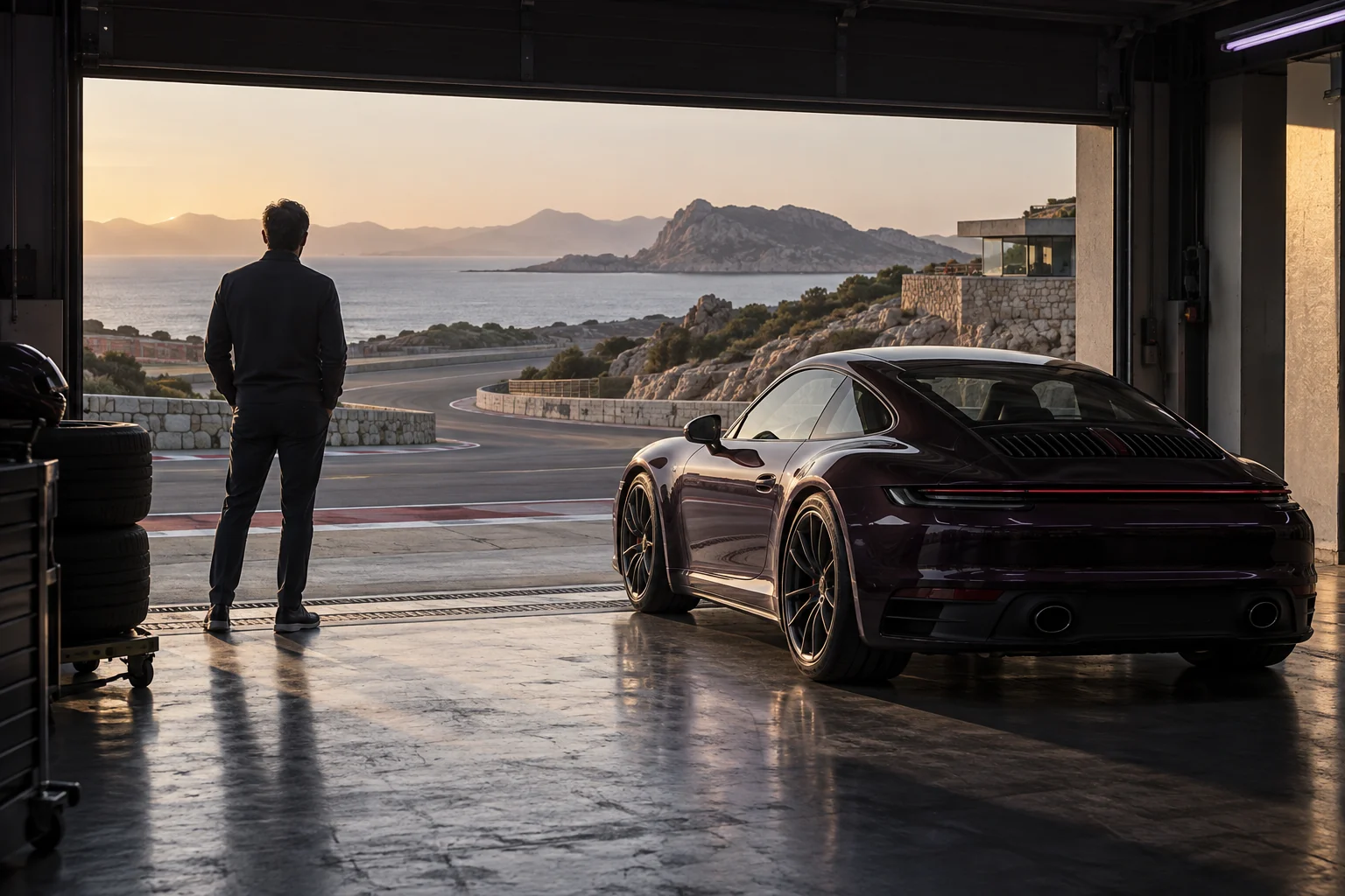 Illustrative scene: an executive considering the circuit beside an aubergine Porsche 911 at dawn