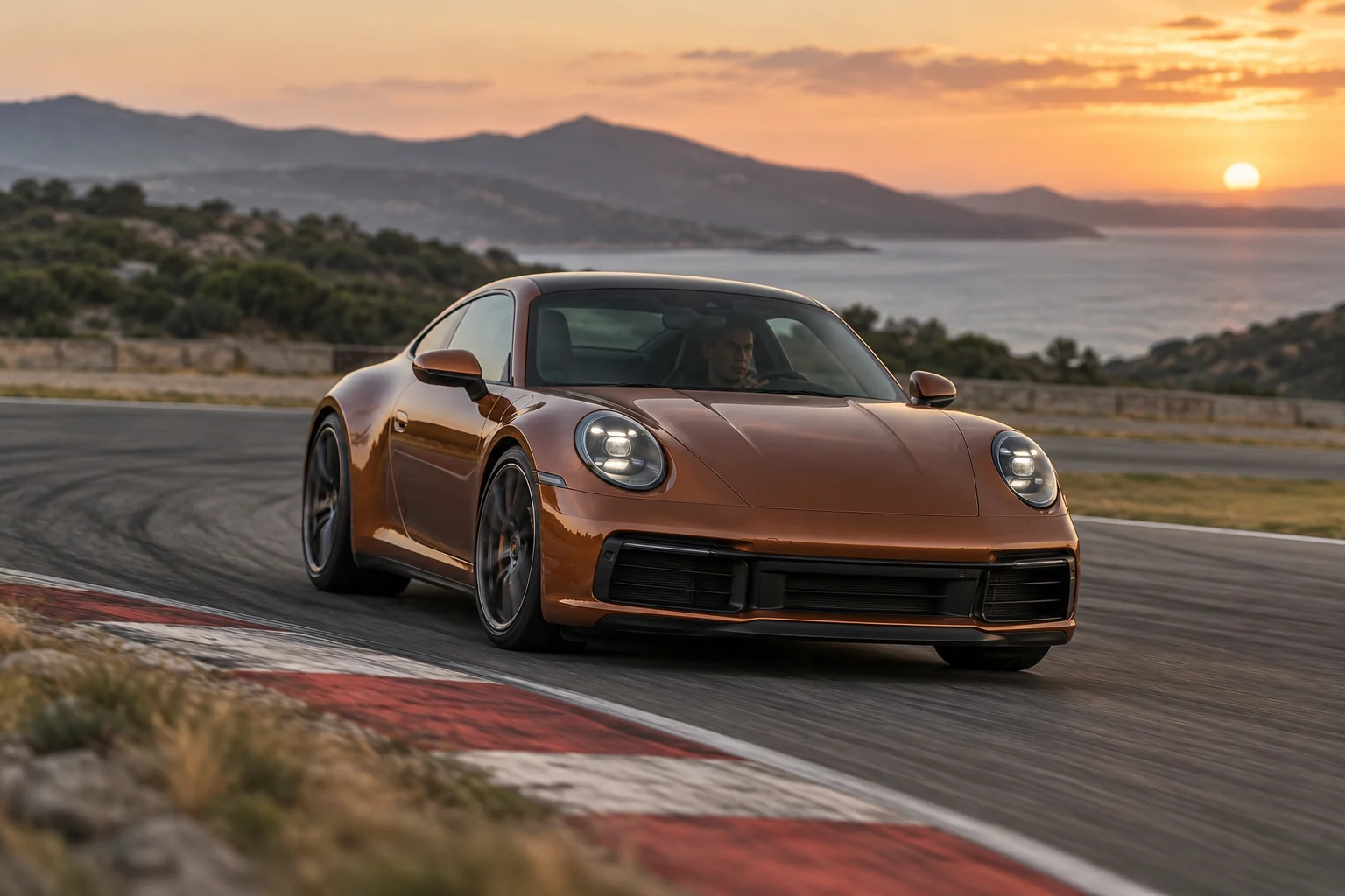 Illustrative scene: a copper Porsche 911 approaching a circuit apex with a deliberate racing line