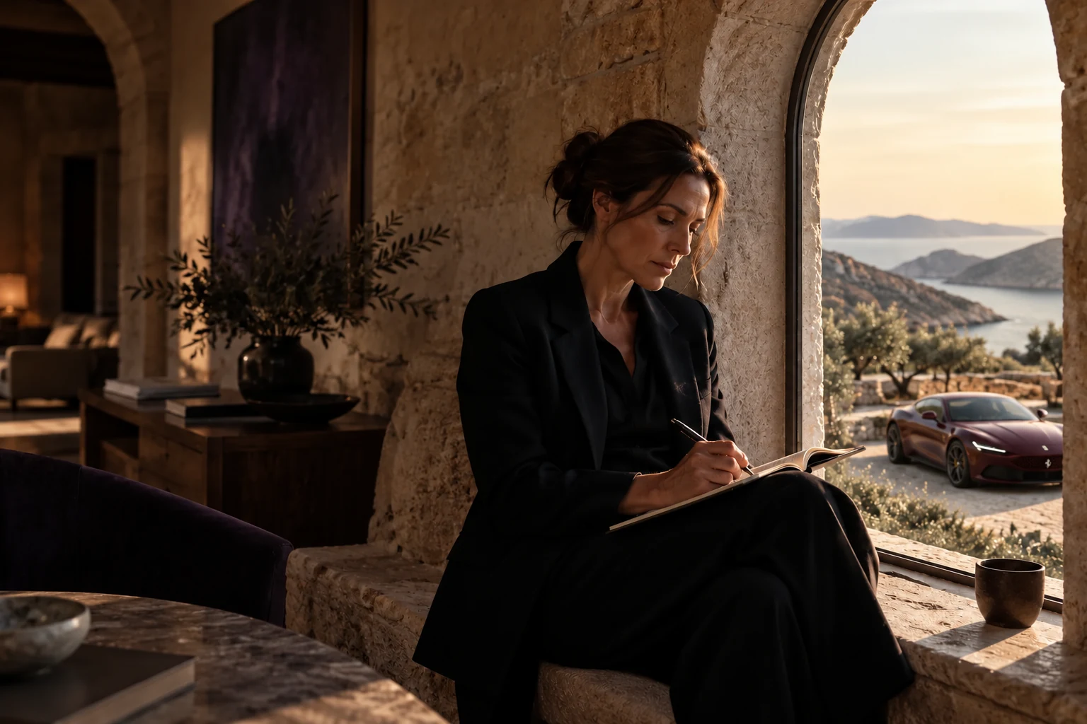 Illustrative scene: a woman founder writing after a private conversation, with an oxblood Ferrari Roma outside the arched window