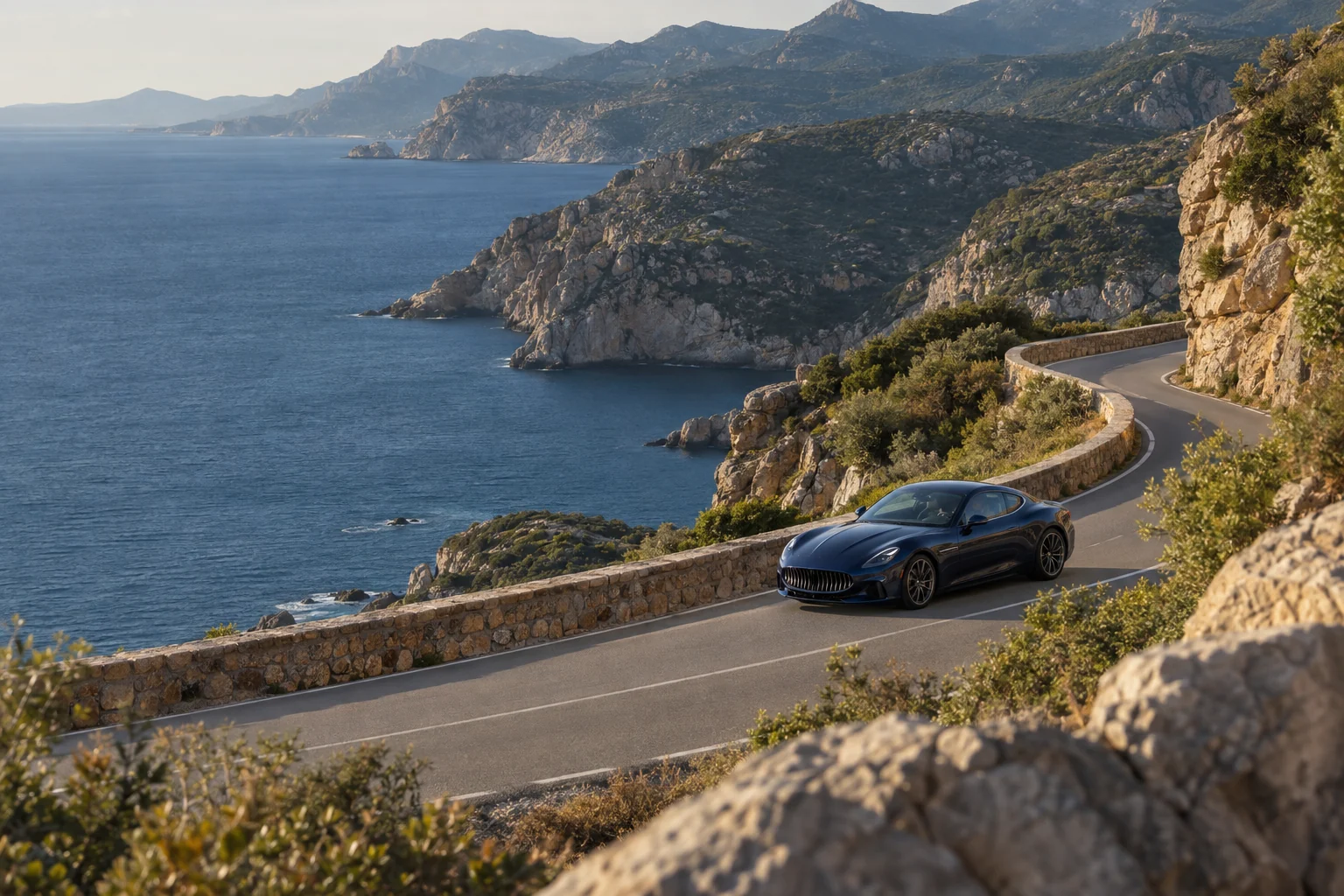 Illustrative scene: a midnight-blue Maserati GranTurismo following a winding coastal road
