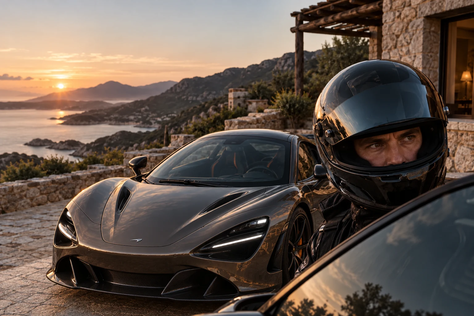 Illustrative scene: a helmeted driver preparing to perform, with a bronze McLaren 750S behind