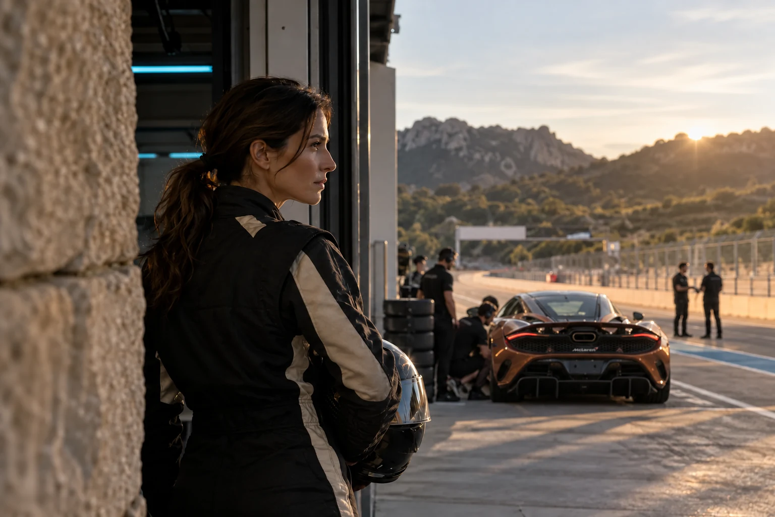 Illustrative scene: a woman racing driver studying the circuit from a garage entrance, with a bronze McLaren 750S in the pit lane
