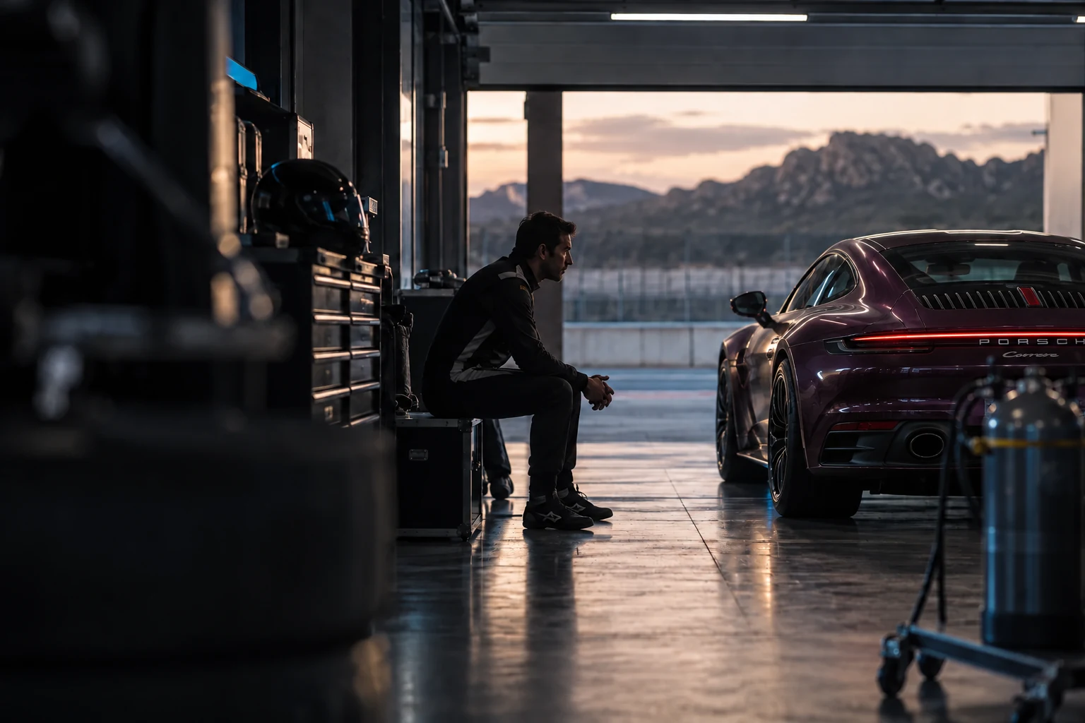 Illustrative scene: a driver mentally rehearsing the next lap beside an aubergine Porsche 911 in a quiet garage