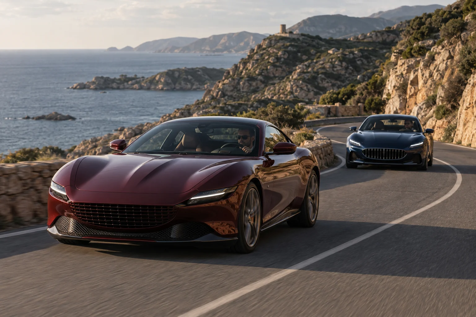 Illustrative scene: a red Ferrari Roma and a navy Maserati GranTurismo on a considered road tour