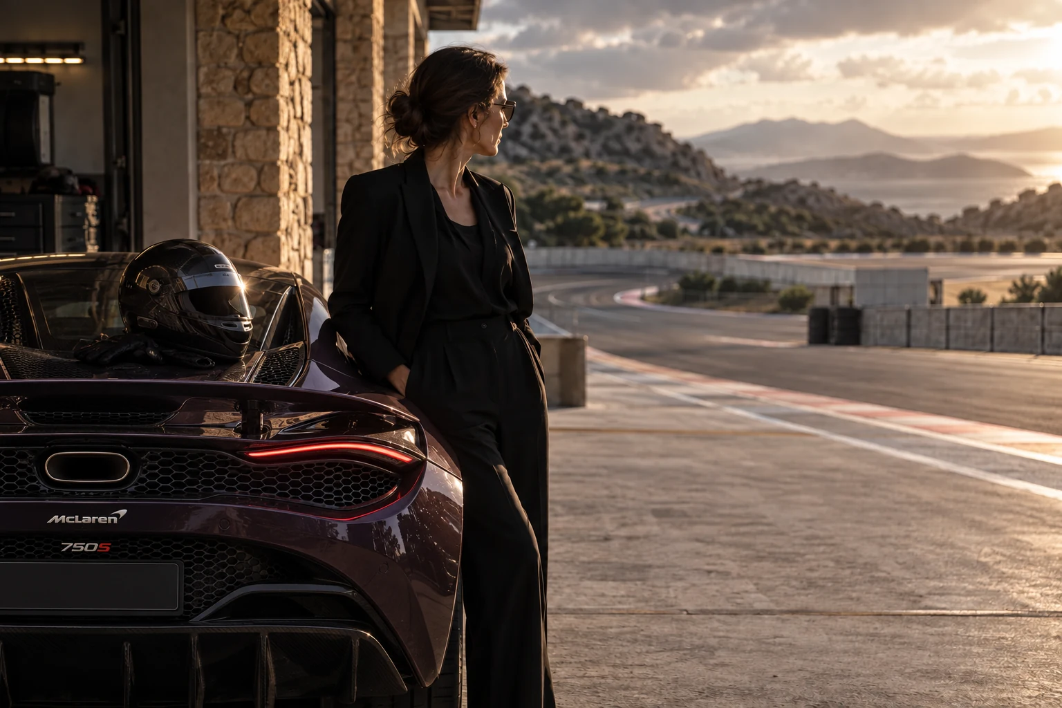 Illustrative scene: a woman founder beside a plum McLaren 750S looking toward the circuit, with her helmet resting on the car