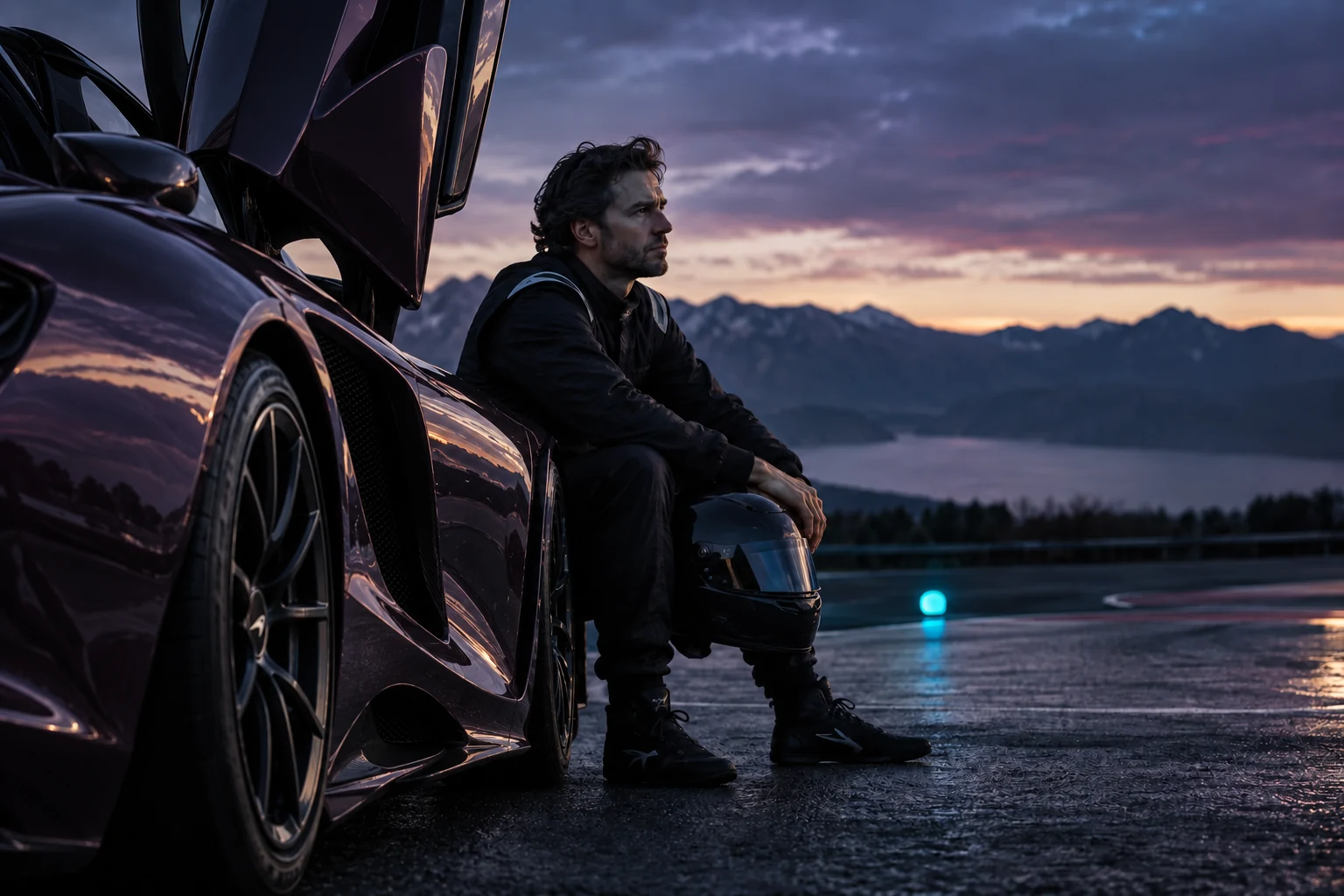 Illustrative scene: a driver seated beside a plum McLaren 750S after a circuit session, with a helmet beside his knee