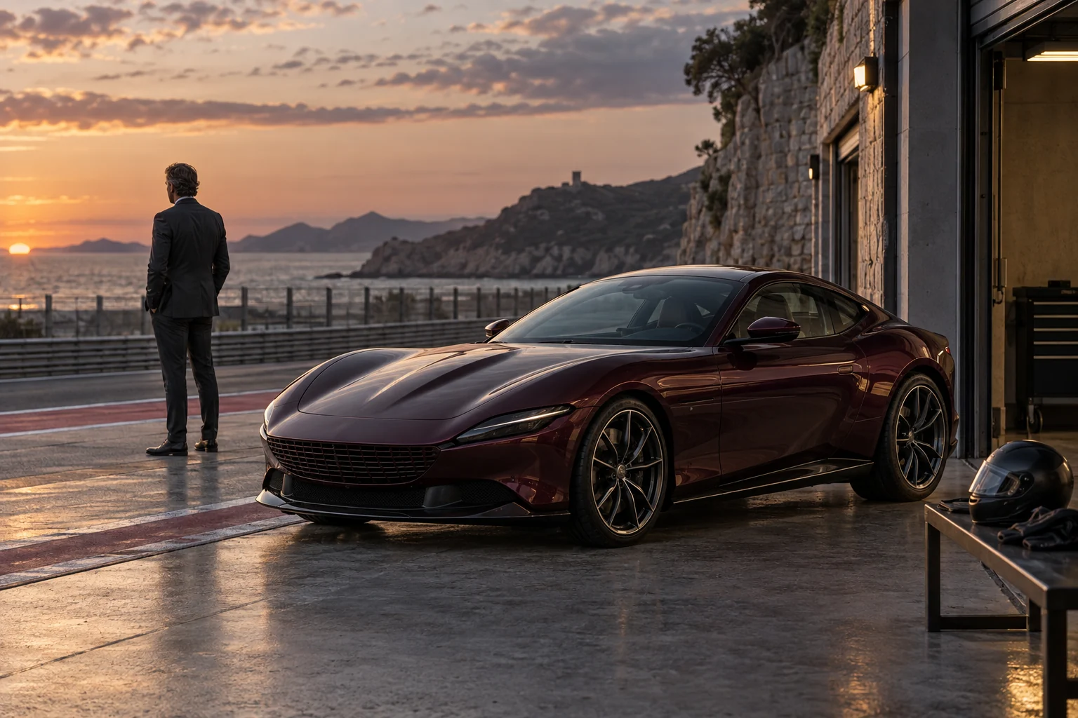 Illustrative scene: a burgundy Ferrari Roma beside a coastal garage, with time for preparation